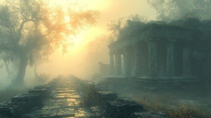Fototapeta premium Misty sunrise, ancient ruins, stone path, overgrown.