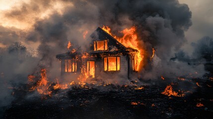 House engulfed in flames intense fire burning fiercely