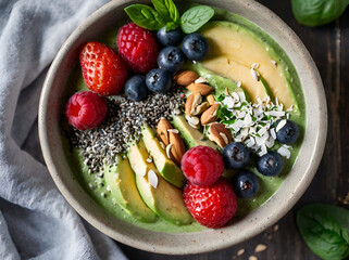 A vibrant keto smoothie bowl made with avocado, almond milk, and spinach, topped with chia seeds, coconut flakes, and fresh berries.