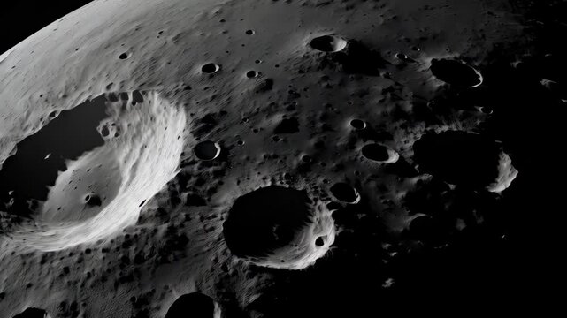 Closeup moon surface with meteorite impact craters. Lunar texture. Space exploration concept. Astronomy science. Black and white texture. World Space Week, International Day of Human Space Flight