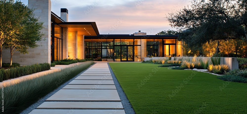 Poster modern architectural design with a landscaped pathway and greenery.