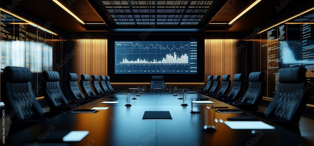 Poster Modern conference room with a large screen displaying data analytics.