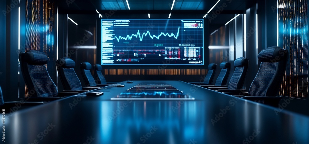Aufkleber Modern conference room with a large screen displaying data analysis.