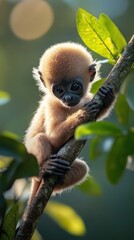 Fototapeta premium Adorable Baby Monkey Clinging To A Tree Branch
