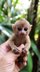 Obraz premium Adorable Baby Monkey Held Gently In A Hand