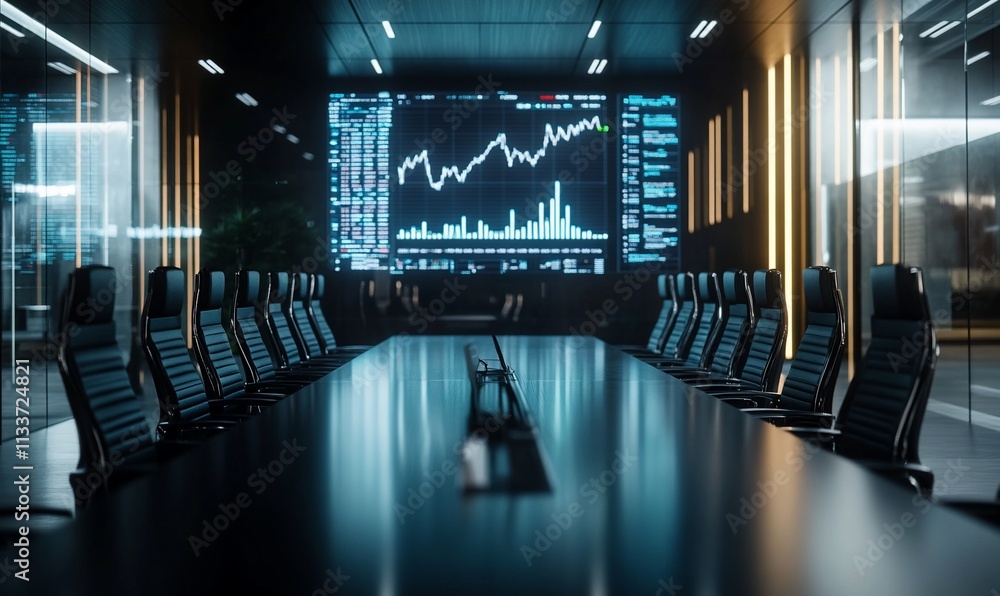Poster modern conference room with a large screen displaying financial data.
