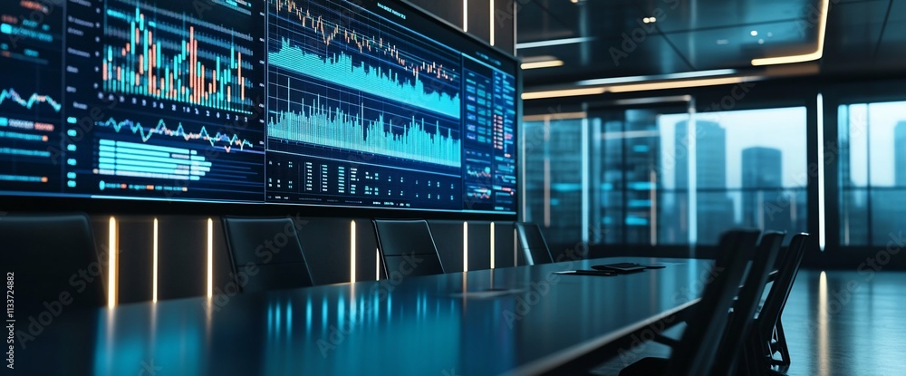 Poster Modern conference room with data analytics display for business strategy.