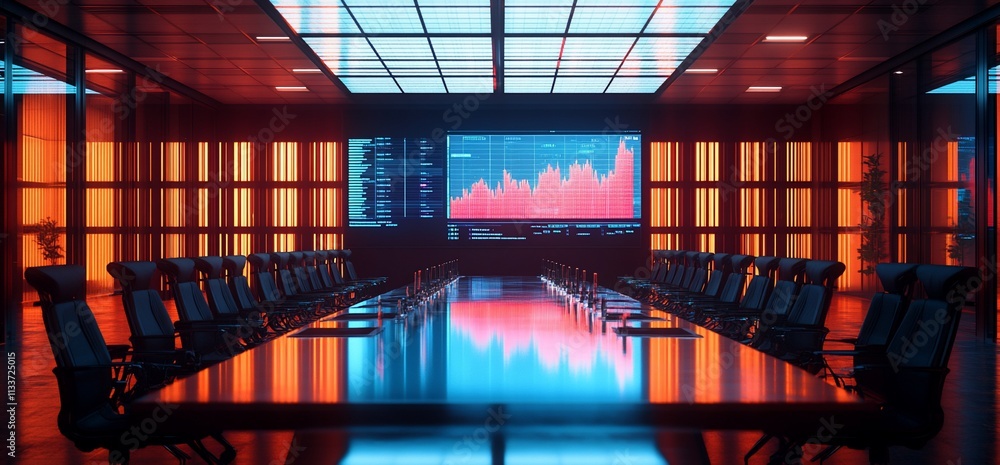 Poster Modern conference room with a large screen displaying financial data.