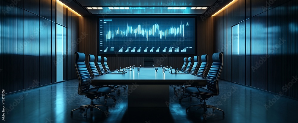 Poster modern conference room with a large screen displaying data trends.