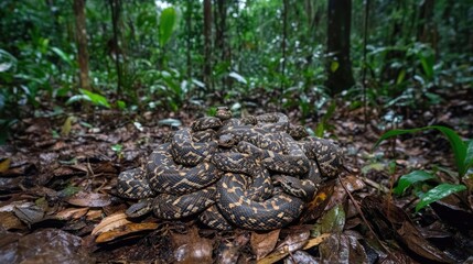 Obraz premium Close-Up of Coiled Snakes Resting on Forest Floor in Jungle