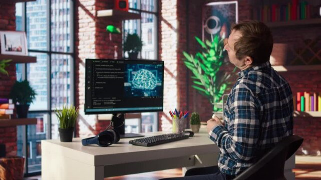 AI engineer in home office stretching back while looking at PC screen, feeling fatigued while executing code. Artificial intelligence developer feeling backpain, relieving pain, testing code, camera A