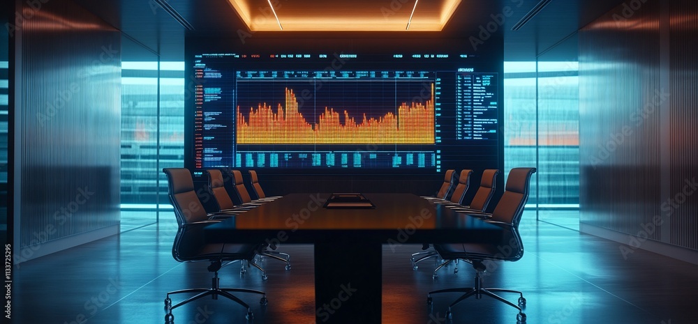 Poster modern conference room with digital data visualization on display.