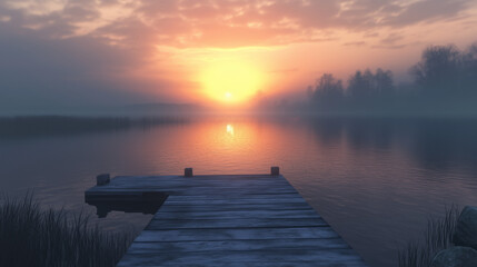 Fototapeta premium Misty Sunrise Over a Tranquil Lake with Wooden Dock