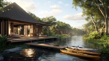 Naklejka premium Serene Waterfront Villas Surrounded by Lush Greenery and Kayaks