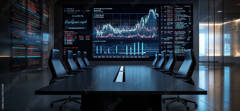 Poster modern conference room with digital financial data displayed on screens.