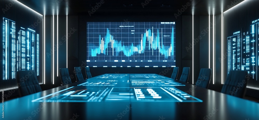 Poster modern conference room with digital displays for data analysis and presentations.