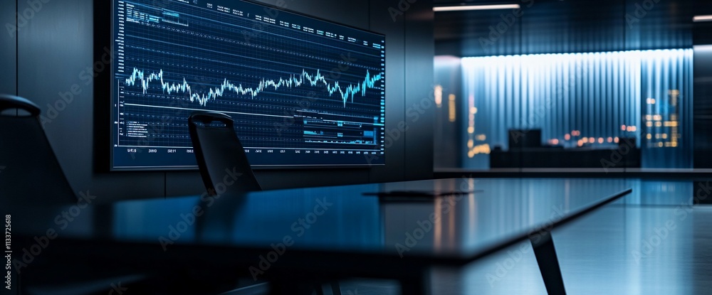 Poster Modern office space with a financial data display on a large screen.