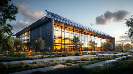 Obraz premium Modern eco-friendly building with solar panels and landscaped surroundings at sunset.