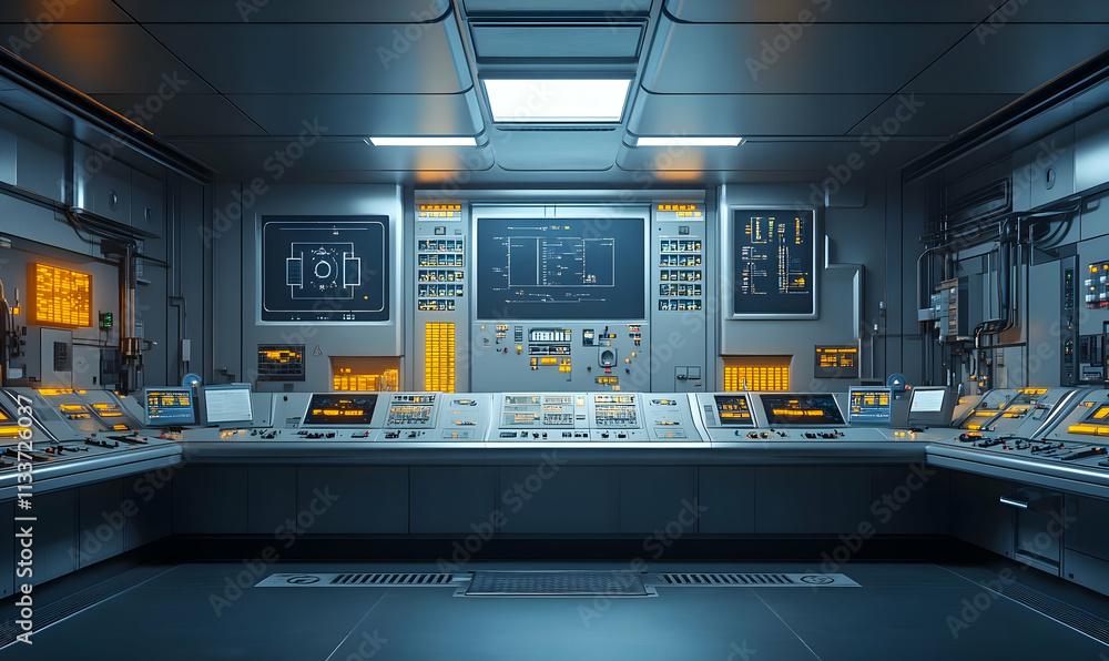 Poster futuristic control room with screens and panels for monitoring and operations.