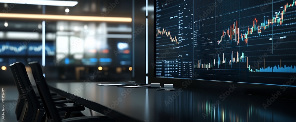 Poster modern office with financial data displayed on a large screen.