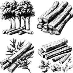 Linework sandalwood a class of woods from trees in the genus Santalum, black line, sketch drawing