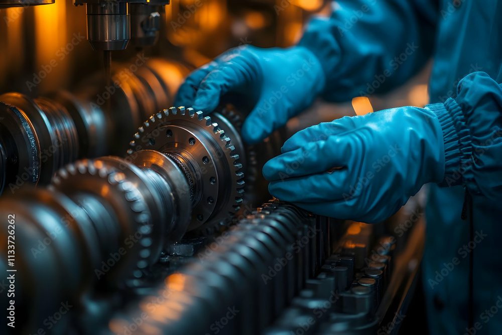 Poster a technician assembles machinery components in a factory setting.