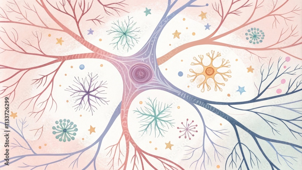 Poster colorful neural network illustration showing interconnected neurons transmitting signals within the 
