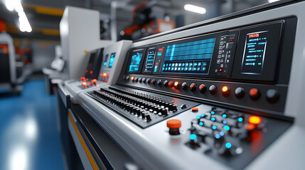 Naklejka premium A close-up view of an industrial control panel with buttons and screens for machinery operation.