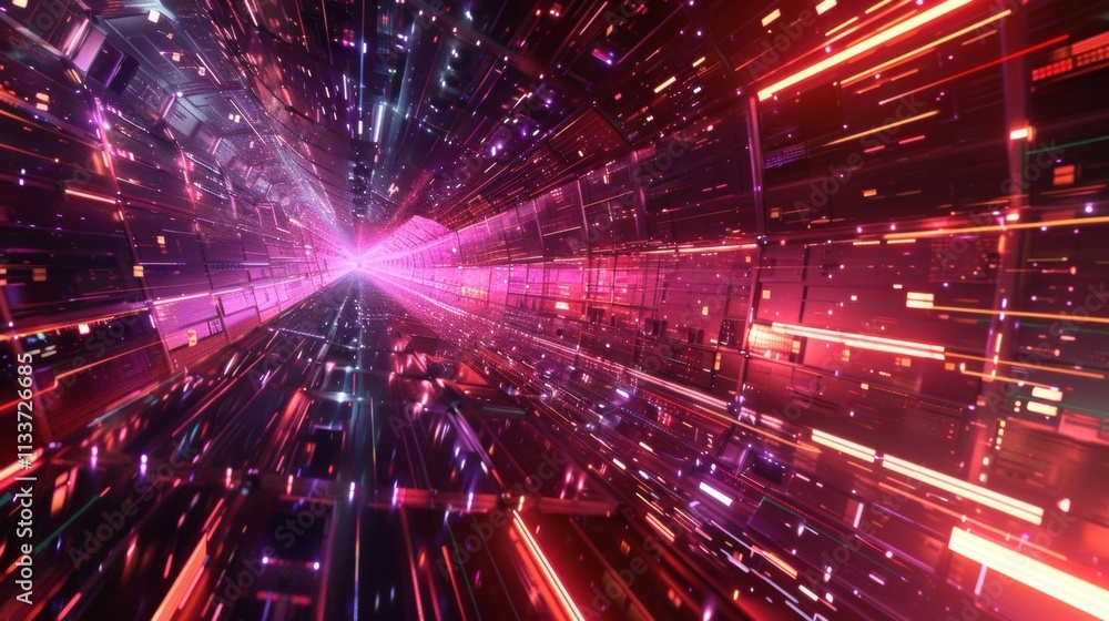 Poster big data is rapidly flowing through a futuristic server room tunnel, illuminated by glowing neon lin