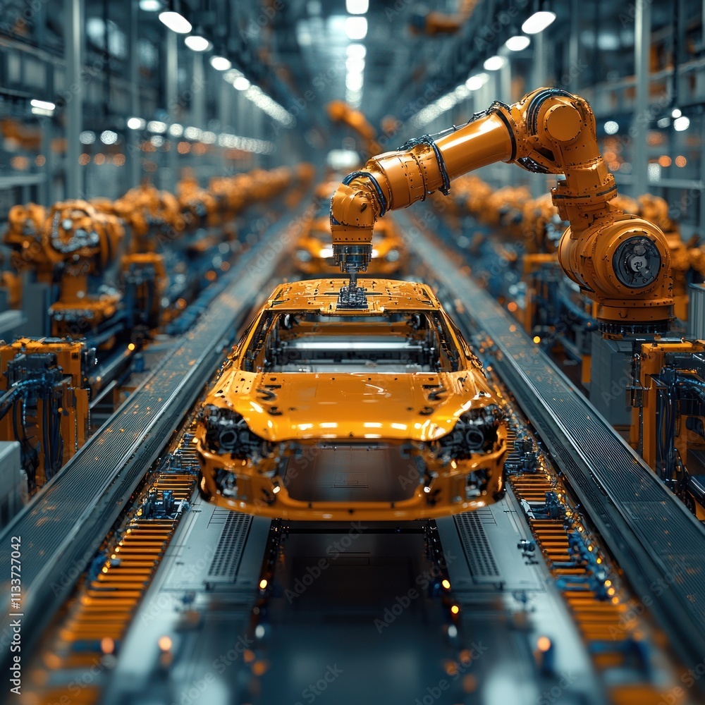 Poster automated car assembly line with robotic arms.