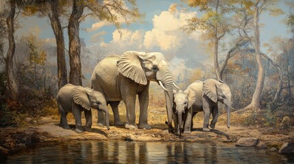 Fototapeta premium Majestic Elephants Gathering by Tranquil Water Under Blue Sky