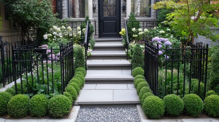 Elegant Front Garden with Stone Steps and Lush Greenery and Flowers