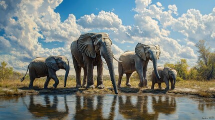 Fototapeta premium Majestic Elephants Gather by Water Under Dramatic Blue Sky