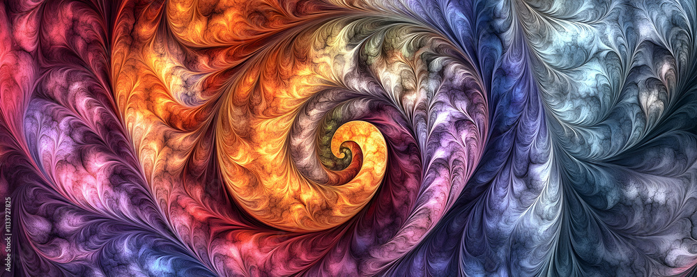 Poster abstract spiral fractal art, vivid hues swirl and intertwine, creating a mesmerizing visual symphony