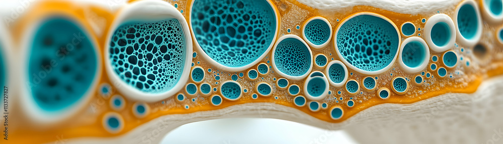 Poster abstract cellular structure, organic forms in teal and gold, displaying intricate network of interco