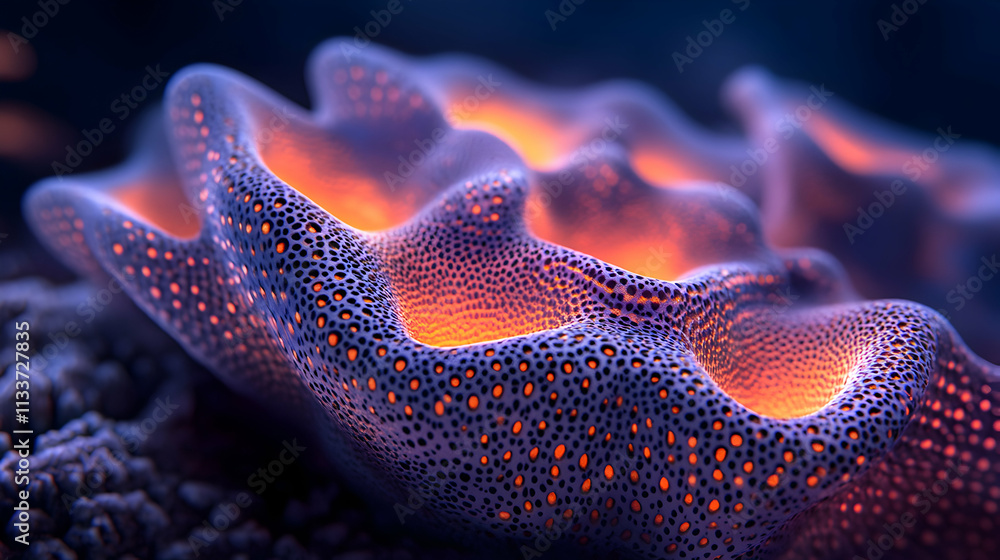 Poster glowing porous surface, abstract texture with intricate details, illuminated from within, exhibiting