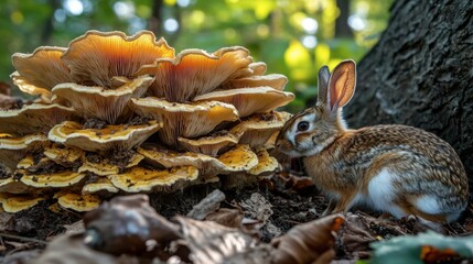 Obraz premium Rabbit Near Vibrant Mushroom Growth in a Forest Setting