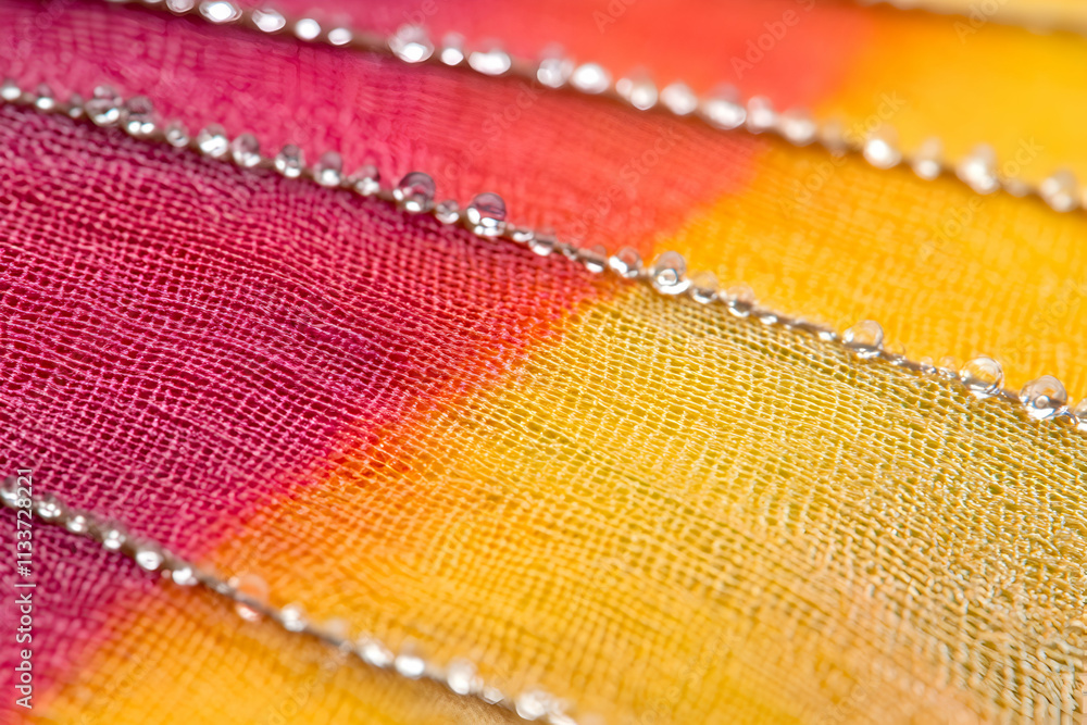 Aufkleber vibrant fabric texture with dewdrops, close-up view of a multicolored textile surface adorned with g