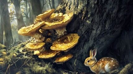 Rabbit Near Colorful Mushrooms in Enchanted Forest Scene