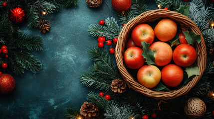 Orange theme festive copy space with apples in basket for christmas