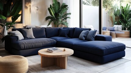 Modern navy sectional sofa in stylish living room with plants