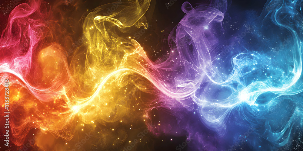 Poster cosmic energy, vibrant nebula swirls and glows mysteriously in deep space, displaying a spectrum of 