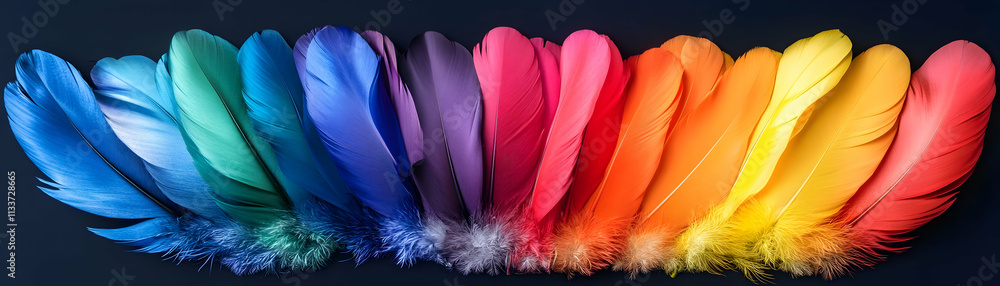 Poster vibrant rainbow feathers arranged in a spectrum, showing a gradient of colors from blue to yellow. f