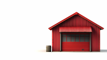 Red Metal Shed with Rolled-Up Door, Wooden Barrel Beside: Rustic Storage Building in White Setting, Ideal for Rural Scenes, Farm Imagery, or Backgrounds.
