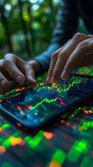 Fototapeta premium Analyzing Market Trends, Person using Mobile App to Track Financial Data and Investment Portfolio, Monitoring Fluctuations Nightly.