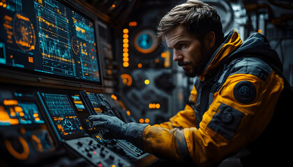 Obraz premium A focused astronaut operates complex control panels in a futuristic spacecraft.