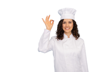 Latina culinary artist wearing a chef’s uniform posing elegantly