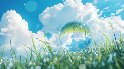 A single dewdrop rests atop a blade of grass, reflecting the sky and clouds above, creating a miniature world within its sphere. Dewdrop. Illustration