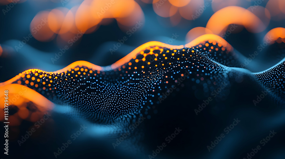 Poster abstract digital landscape, glowing particles form undulating terrain with vivid hues, representing 