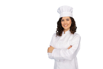 Young Latina chef in professional uniform smiling confidently